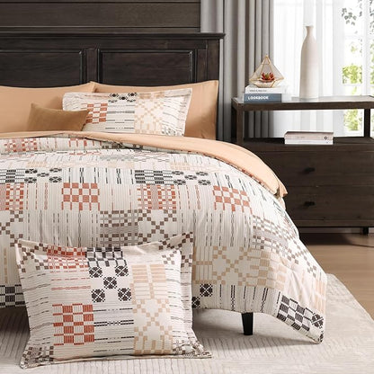 MaiRêve Full Size Comforter Sets, Classic Plaid Farmhouse Bedding Sets 7 Pieces, Beige All Season Bed in A Bag with Sheets, Pillowcases & Shams