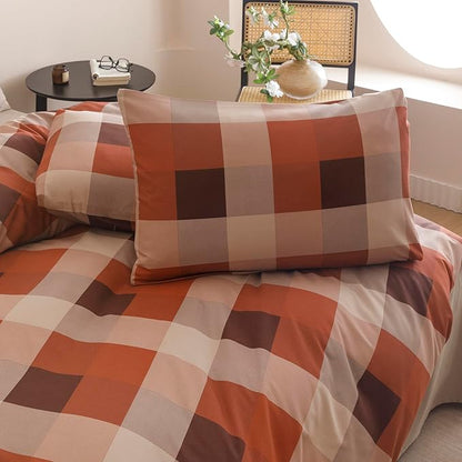 CLOTHKNOW Rust Khaki Plaid King Size Comforter Set Gingham Bedding Comforter Sets Geometric Comforter King Sets with 2 x Pillow Cases