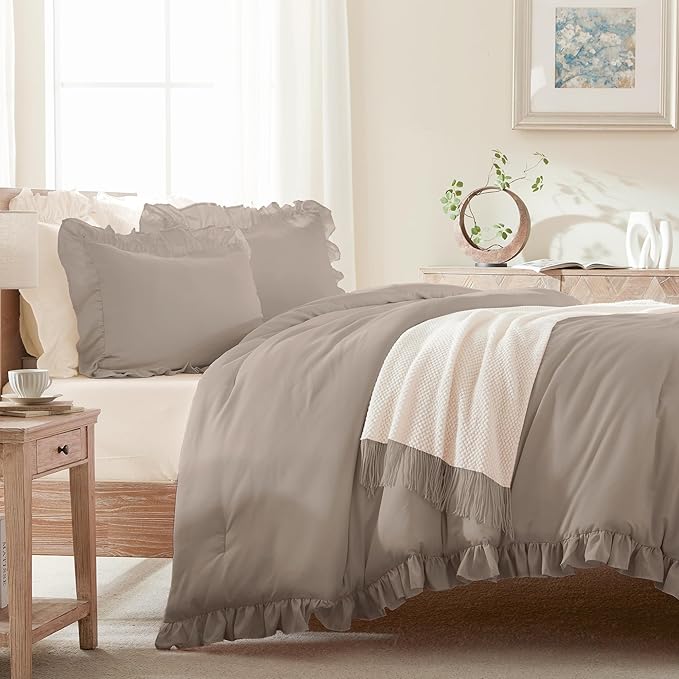 Andency Light Brown Ruffle Comforter Cal King(104x96Inch), 3 Pieces(1 Ruffled Comforter and 2 Pillowcases) Solid Farmhouse Shabby Chic Bed, Vintage Rustic Soft Microfiber Bedding Set