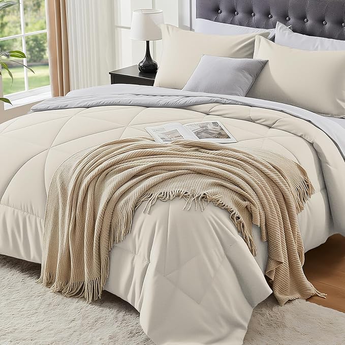 BEDELITE Twin Comforter Set 5 Pieces Bed in A Bag - Soft Microfiber Reversible Beige Bed Set with Comforters, Sheets, Pillowcase & Sham, Cozy Luxury Bedding Sets for All Season