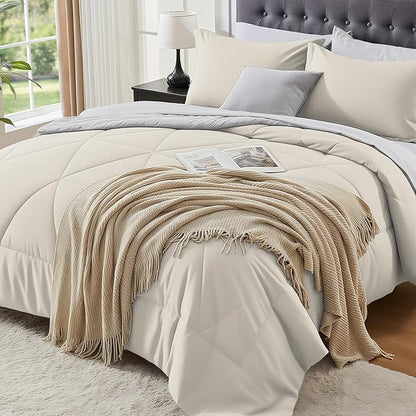BEDELITE Twin Comforter Set 5 Pieces Bed in A Bag - Soft Microfiber Reversible Beige Bed Set with Comforters, Sheets, Pillowcase & Sham, Cozy Luxury Bedding Sets for All Season
