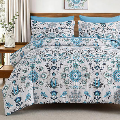 Boho Comforter Set Queen - 7 Pieces Bed in a Bag Floral Design, Bohemian Comforter Set with Sheets, Soft Microfiber Complete Bedding Sets All Season (Light Blue, Queen)