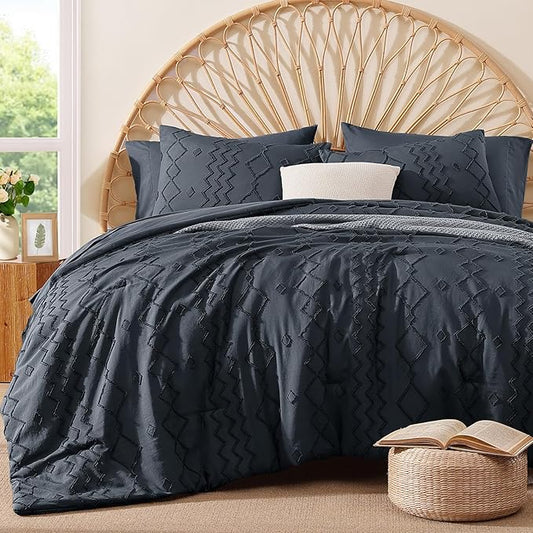 Queen Comforter Set Navy Blue, Tufted Boho Bedding Farmhouse Bed Set, All Season 7 Pieces Bed in a Bag with Sheets, Pillowcases & Shams