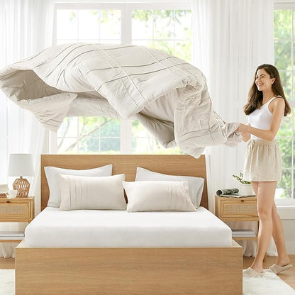 Comfort Spaces Cream Queen Size Comforter Set - 3 Pieces Pintuck Pleated Bedding Sets, All Season Lightweight, Extra Softness Pre-Washed Microfiber Queen Bed Set, Shams