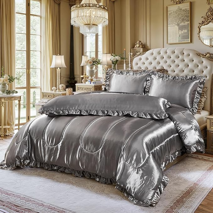 Satin King Comforter Set Silk Like Satin Bedding Set 4 Pcs Hotel Soft Polyester Grey Bed Set Luxury Silky Body Pillow Cover Ruffle Down Comforter Home Decor