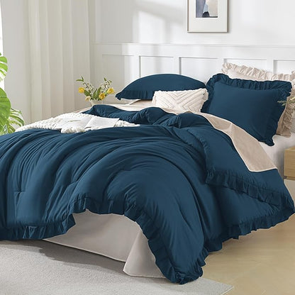 Andency Navy Blue Queen Comforter Set, 3 Pieces Boho Lightweight Solid Bedding Sets for Queen Bed, Fluffy Soft Double Women Men Microfiber Bedding Set