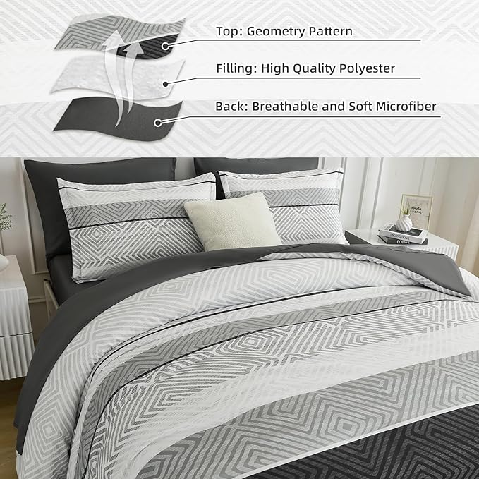 Drucon Black and Grey Comforter Set King Size 7 Piece Bed in a Bag, Boho Striped Bedding Set, Soft Microfiber Comforter and Sheet Set for All Season (King, 104"x90")