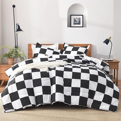 Andency Checkered Comforter Twin(66x90Inch), Black White Plaid Gingham Bed Set for Teen Boys Kids, Lightweight Microfiber Geometric Preppy Bedding, 2 Pieces