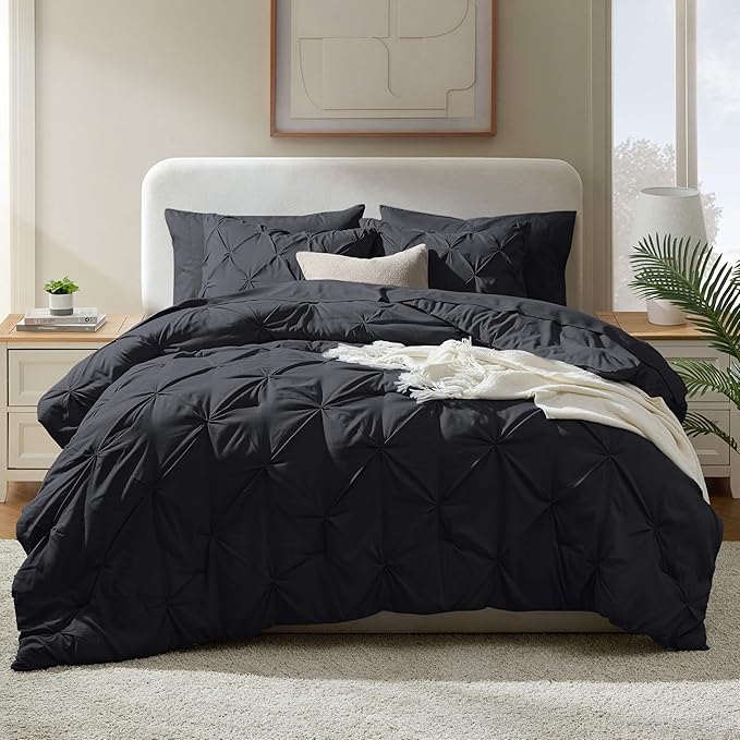 Nestl 7 Piece King Comforter Set - Pinch Pleated Black, All Season King Bed Set with Flat & Fitted Sheets, Pillowcases and Shams
