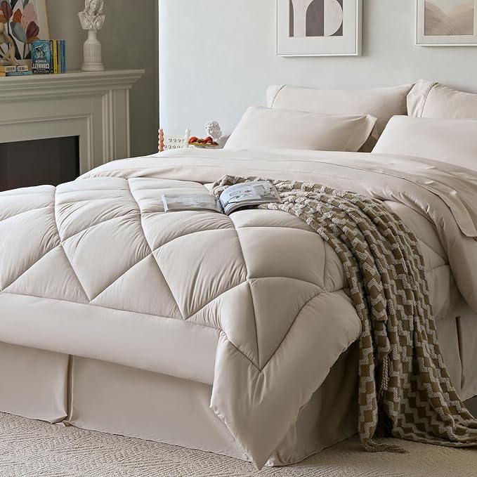 Newspin King Comforter Set Beige - Bed in a Bag King Size 8 Pieces, All Season Bed Set, Fluffy Comforter Set with Sheets, Sheet Set Quilt Blanket, Pillowcases & Shams & Bed Skirt