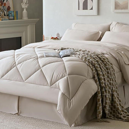 Newspin King Comforter Set Beige - Bed in a Bag King Size 8 Pieces, All Season Bed Set, Fluffy Comforter Set with Sheets, Sheet Set Quilt Blanket, Pillowcases & Shams & Bed Skirt