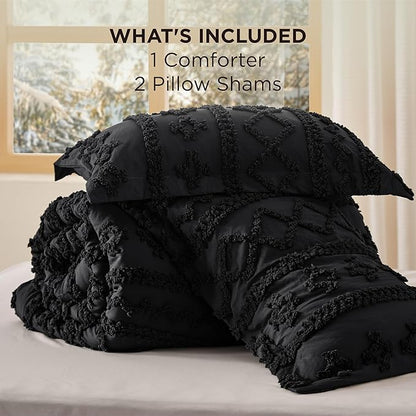 Bedsure Tufted Boho Comforter Set Full Size - Black Boho Bed Set, GentleSoft™ 3 Pieces Farmhouse Shabby Chic Embroidery Bedding, Gifts for Woman, Soft Jacquard Full Comforter for All Seasons
