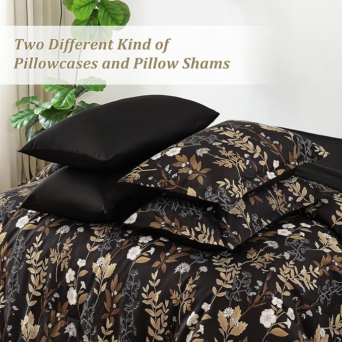 WONGS BEDDING Black and Gold Comforter Set Queen Size,7 Pieces Floral Bed in a Bag Botanical Microfiber Bedding Comforter Sets Soft Lightweight Bed Set with Sheet,Pillowcases&Shams