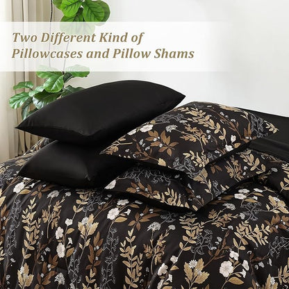 WONGS BEDDING Black and Gold Comforter Set Queen Size,7 Pieces Floral Bed in a Bag Botanical Microfiber Bedding Comforter Sets Soft Lightweight Bed Set with Sheet,Pillowcases&Shams