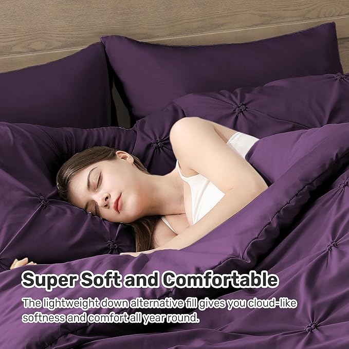 UNIKOME King Size Comforter Set Purple - Ultra Soft Boho Pintuck Down Alternative Bedding Set for All Seasons, 3 Pieces Lightweight Warm Pinch Pleat Bed Set with Comforter, 2 Pillowcases