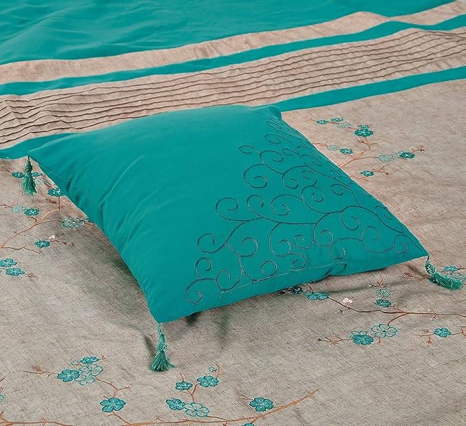 Chezmoi Collection Noriko Luxury 7-Piece Teal Cherry Blossoms Floral Embroidery Bedding Comforter Set, Full