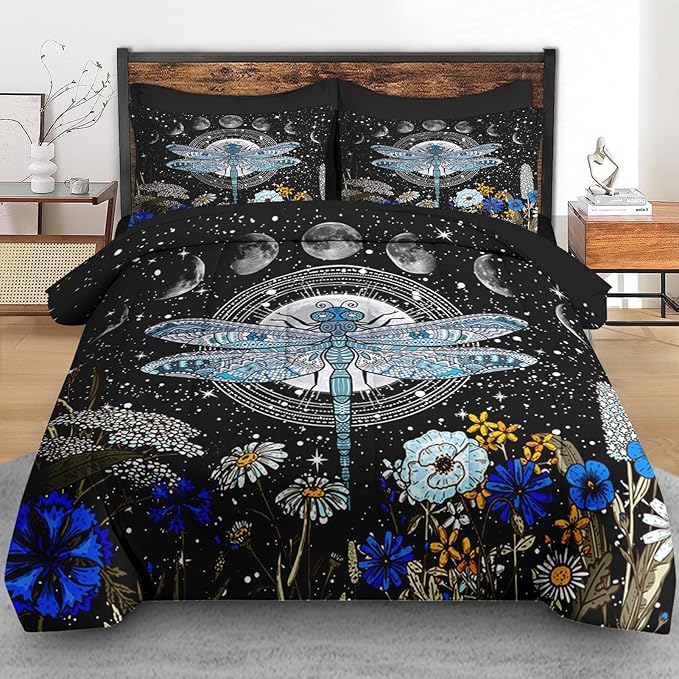 Comforter Set Full Size, Dragonfly Flower Plant Bedding for Kids and Adults, Sun Moon Vintage Black Gold Bed Sheet Sets with Fitted Sheet 2 Pillowcases & 2 Shams for Bedroom Bed Decor