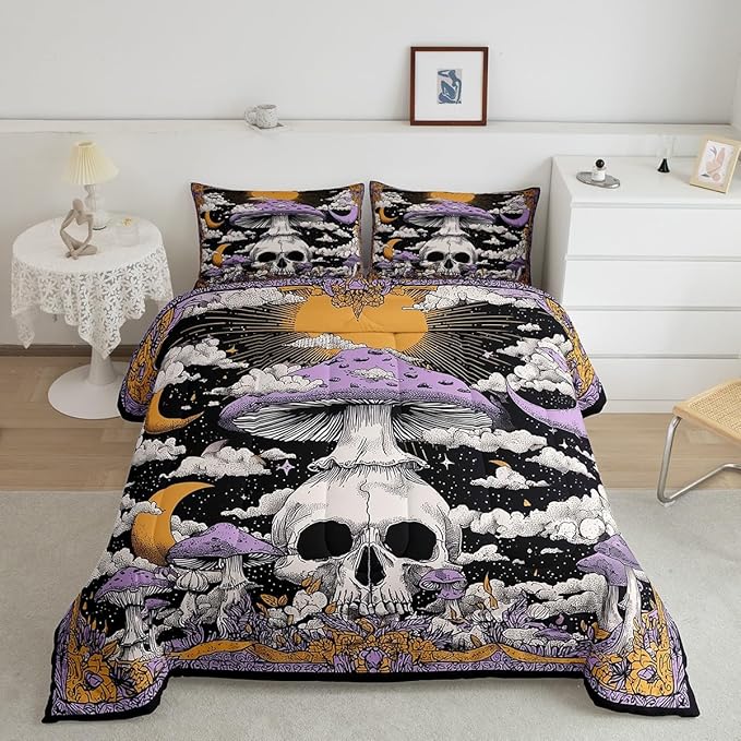 Erosebridal Boys Gothic Halloween Queen Bedding Set, Horror Skull Comforter Set Spooky Halloween Decor Comforter for Kids Teens Adults Gothic Bedroom Decor, Moon and Stars Mushroom Quilt 3 Piece