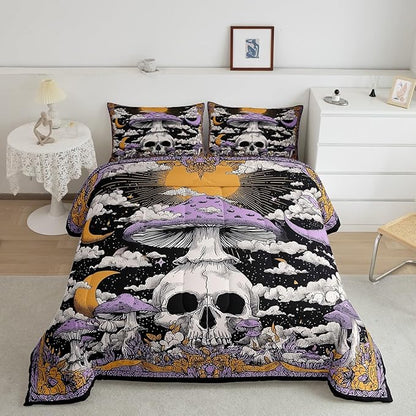 Erosebridal Boys Gothic Halloween Full Comforter Set, Horror Skull Bedding Set Spooky Halloween Decor Comforter for Kids Teens Adults Gothic Bedroom Decor, Moon and Stars Mushroom Quilt 3 Piece