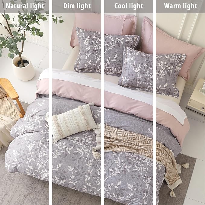 Vintage Gray Cotton Comforter King Size 3Pcs - Luxurious Design with White & Charcoal Branches Pattern, Elegant Dusty Pink Reversible Lightweight Bedding Sets with Soft Fill(104"×90")
