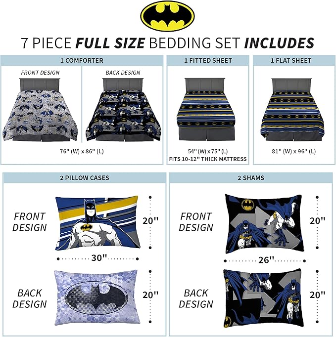 Franco Kids Bedding Super Soft Comforter and Sheet Set with Sham, 7 Piece Full Size, Batman