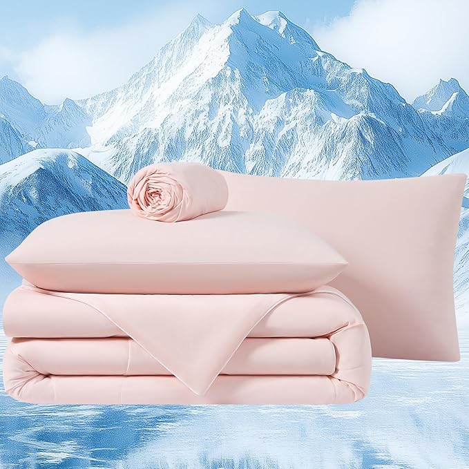 Cooling Comforter Set Queen- Pink Reversible Cooling Comforter Set with Sheets - Soft Breath Comforter 4pcs Set (Comforter+Fitted Sheets+2Pillowcases)