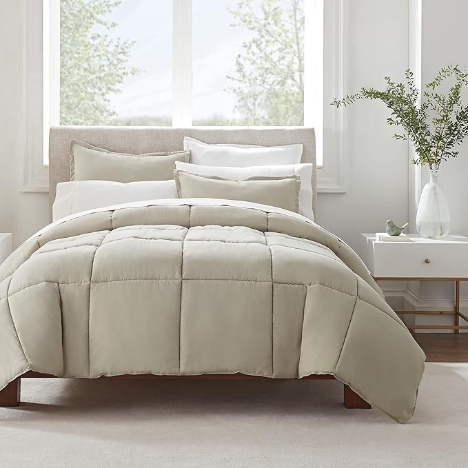 SERTA Simply Clean Ultra Soft Hypoallergenic Solid 3 Piece Comforter Set, Full/Queen, Khaki