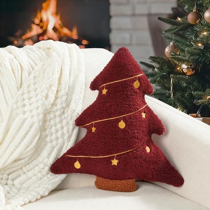 Artmag Christmas Pillow, Decorative Christmas Tree Pillow Stuffed Tree Shaped Embroidered Star Ball Bedroom Xmas Plush for Party Home Decorations 15.5" x 14.5" Red