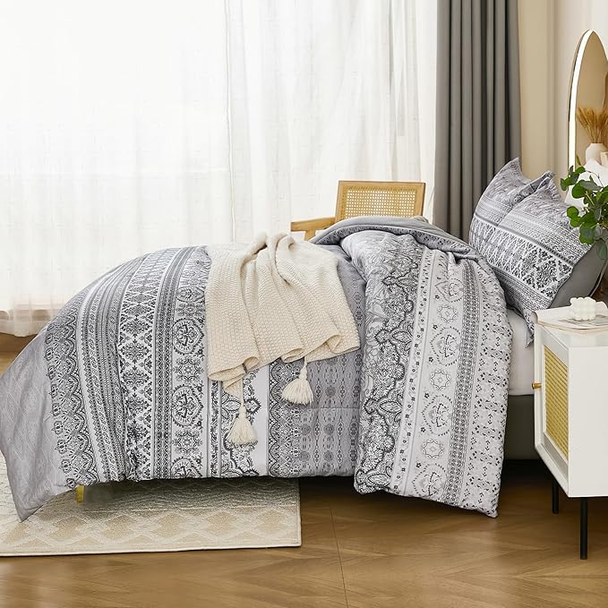 Goodidea Boho Comforter Set King Size 3 Piece Grey Bohemian Striped Comforter Soft Lightweight Microfiber Bedding Set with 2 Pillow Shams for All Season (King, 104"X90")