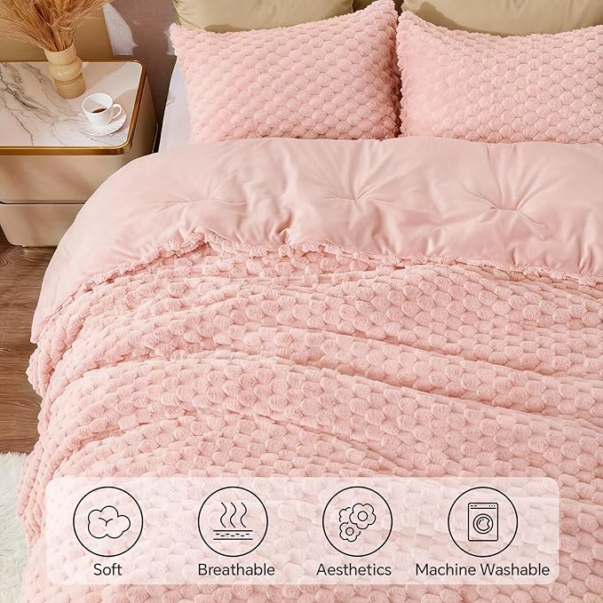 BEDELITE Fluffy Full Size Comforter Set - Pink Fleece Soft Comforter for Ful Size Bed, Luxury Warm Bedding Set for Winter, Fuzzy Bed Set 3 Pieces (1 Comforter, 2 Pillowcases)
