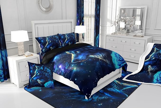 Galaxy Wolf Comforter Set for Kids Adults,Romantic Rose Mystery Universe Bedding Comforter Sets Toddler,Tie Dyed Starry Sky Quilt Comforter with 1 Pillowcase for All Season Bedroom
