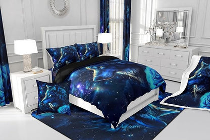 Galaxy Wolf Comforter Set for Kids Adults,Romantic Rose Mystery Universe Bedding Comforter Sets Full,Tie Dyed Starry Sky Quilt Comforter with 2 Pillowcases for All Season Bedroom