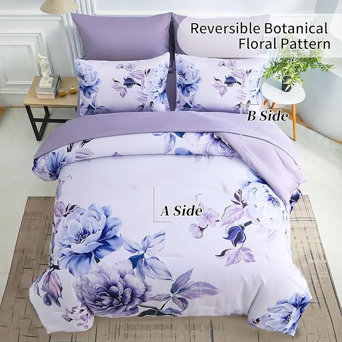 Drucon Purple Floral Comforter Set Queen, 7 Pieces Bed in a Bag Botanical Floral Comforter Soft Microfiber Purple Bedding Set Queen Size Bed with Sheet and Pillowcase