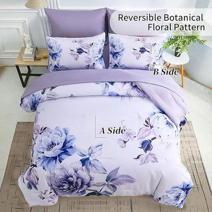 Drucon Purple Floral Comforter Set Queen, 7 Pieces Bed in a Bag Botanical Floral Comforter Soft Microfiber Purple Bedding Set Queen Size Bed with Sheet and Pillowcase