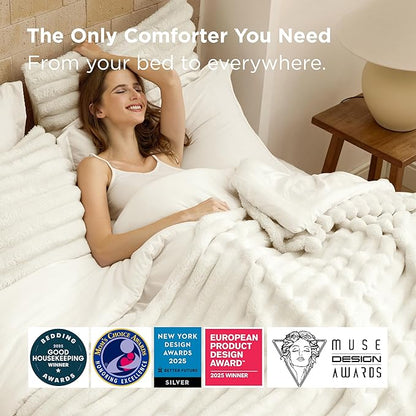 Bedsure Gentlesoft™ 2-in-1 King Size Comforter Set and Detachable Fluffy Blanket, Cream White Bedding Set For All Season Use, SnapTech™ Design for Space Saving (Includes 2 Pillow Shams, 2 Pillowcases)