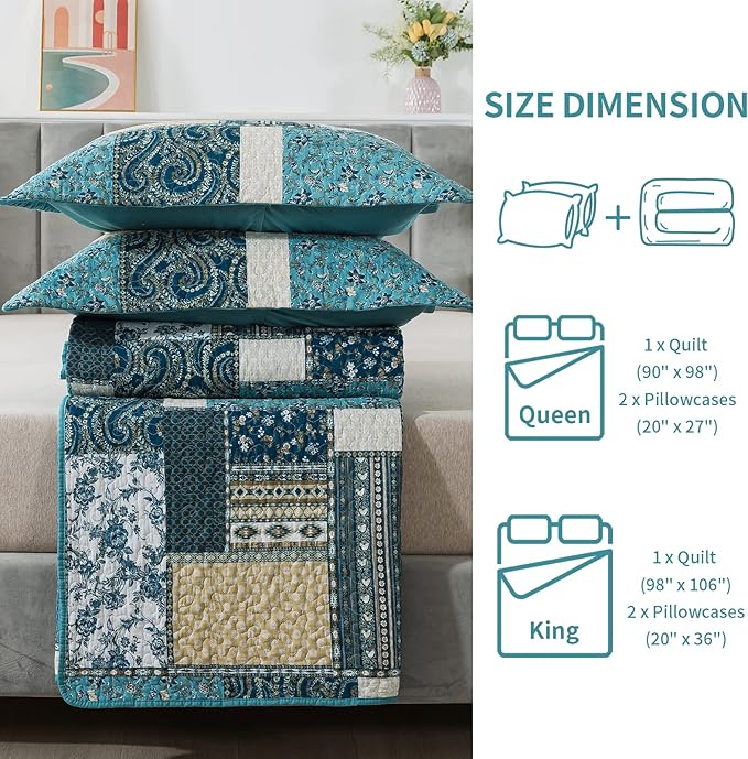 BEDIFANY Cotton California King Size Quilt Set, Lightweight Bedspread Oversized King Coverlet, Soft Farmhouse Quilt Bedding Sets for Bed Decorations for All Seasons (3 Pieces, Blue)