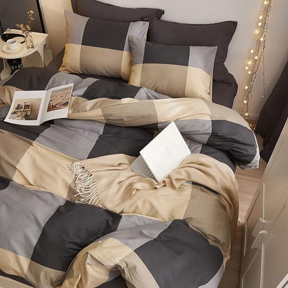 HighBuy King Size Comforter Set Khaki Plaid Comforter Sets King Gingham Checkered Grid Bedding Comforter Modern Geometric Pattern King Bed Comforter Set for All Seasons with 2 Pillowcases