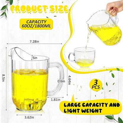 Tessco for you 3 Pcs Plastic Pitchers 60 Ounce Clear Restaurant Jug Large Water Pitcher Carafe Serve Milk Tea Juice Drink for Parties Container Dispenser Beer Jar (Classic)