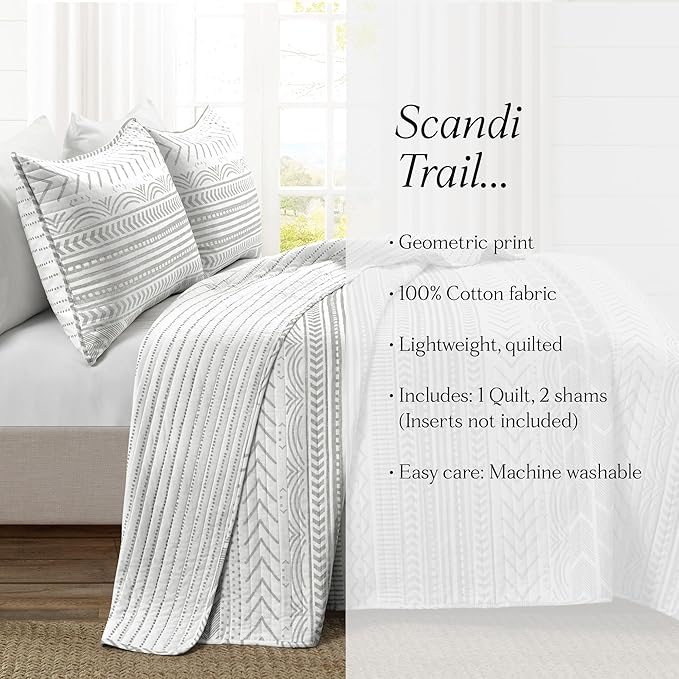Lush Decor Hygge Geo Pattern Striped 3 Piece Quilt Bedding Set, King, Gray & White