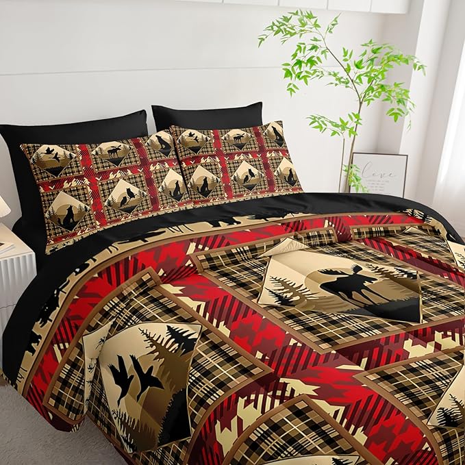 7 Piece Red Bed in A Bag Boho Comforter Set Queen Size，Queen Bedding Sets 7 Pieces Deer/Elk/Bear，(1 Comforter, 1 Flat Sheet, 1 Fitted Sheet, 2 Pillowcase and 2 Pillow Sham)