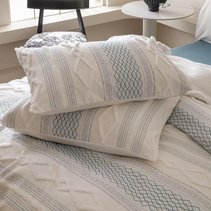 Houseri Tufted Blue Comforter Set Queen Jacquard Bedding Shabby Chic Farmhouse Bed Sets Queen