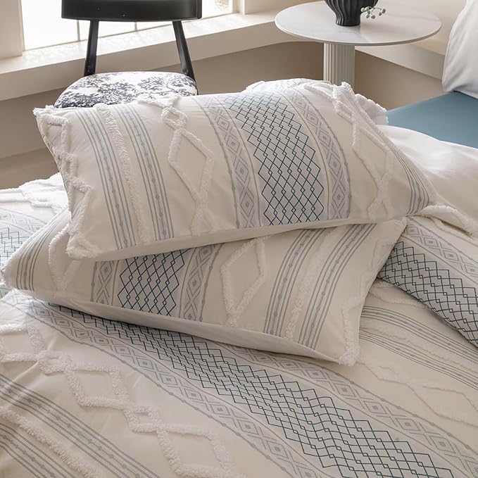 Houseri Tufted Blue Comforter Set Twin Jacquard Bedding Shabby Chic Farmhouse Bed Sets Twin