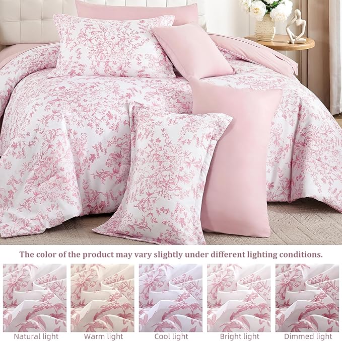 WONGS BEDDING King Size Comforter Set, 8 Pieces Pink Floral Bed in a Bag Comforter Sets, Botanical Print Soft Fluffy Microfiber Complete Bedding Sets for All Season (90"x104")