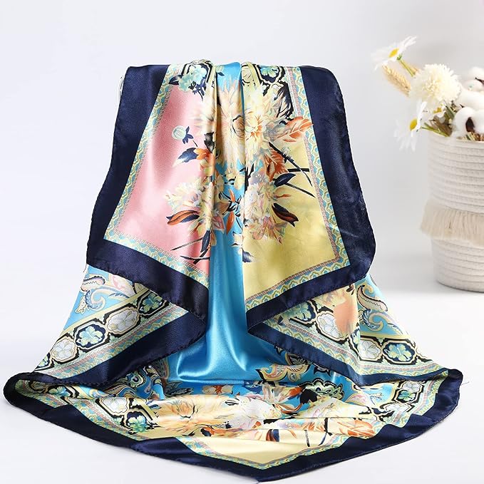 AWAYTR 35” Satin Large Square Head Scarves - 4PCS Silk Like Neck Scarf Hair Sleeping Wraps Satin Silk Scarfs for Women
