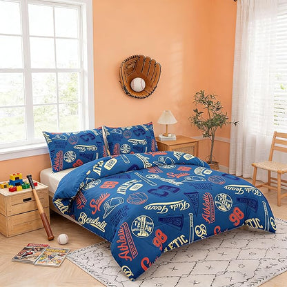 MWMWMW Boys Baseball Comforter Set Queen, 3-Piece Blue Baseball Sports Bedding Set for Kids Boys with 2 Pillowcases, All-Season Use