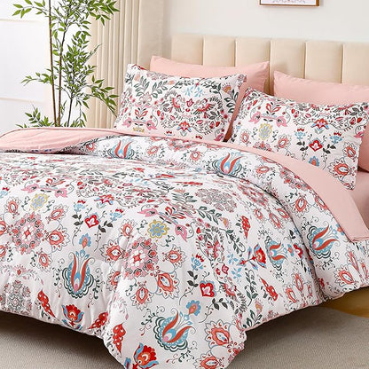 Boho Comforter Set King - 7 Pieces Bed in a Bag Floral Design, Bohemian Comforter Set with Sheets, Soft Microfiber Complete Bedding Sets All Season (Light Pink, King)