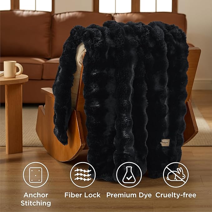 Bedsure GentleSoft Fluffy Fuzzy Black Throw Blanket for Bed, Soft Cozy Fleece Faux Fur Blanket for Couch, Black Room Decor Minky Velvet Sofa Cover, Thick Warm Plush Bedding Cozy Gifts for Women Men