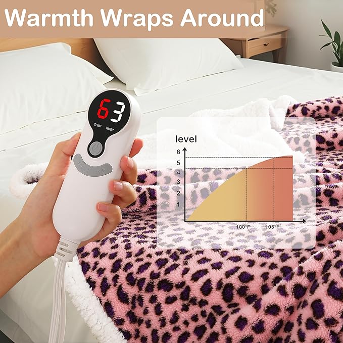 Electric Heated Blanket Throw Size 50"×60" with 9 Heating Levels & 1-10 Hs auto Off, Heating Throw Double Sided Sherpa, Energy Efficient, Machine Washable, Leopard Print Pink & Purple