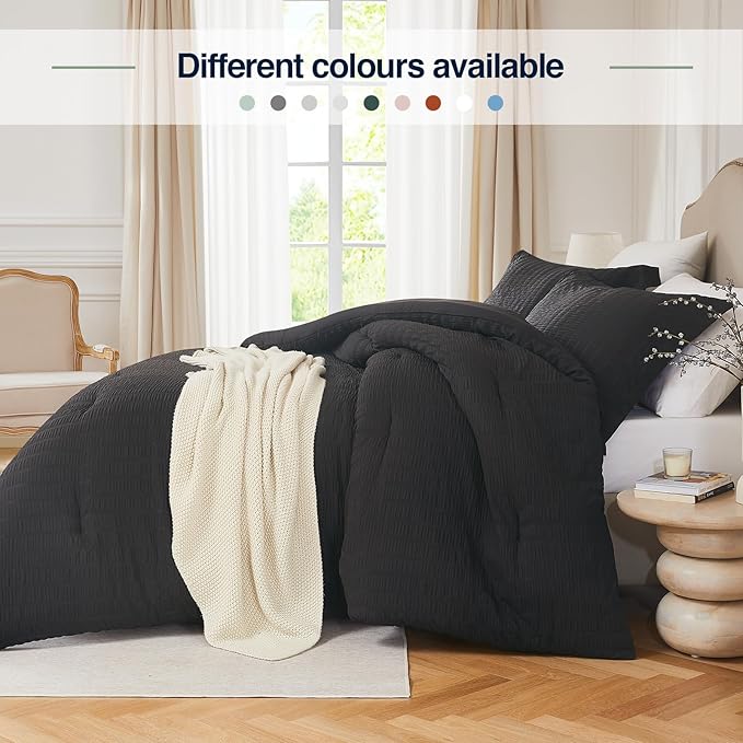 Black California King Comforter Set - 3 Pieces Seersucker Lightweight Bedding Comforter Sets (1 Soft Fluffy Comforter & 2 Pillowcases) - All Seasons Cozy Luxury Bed Sets for Women Men