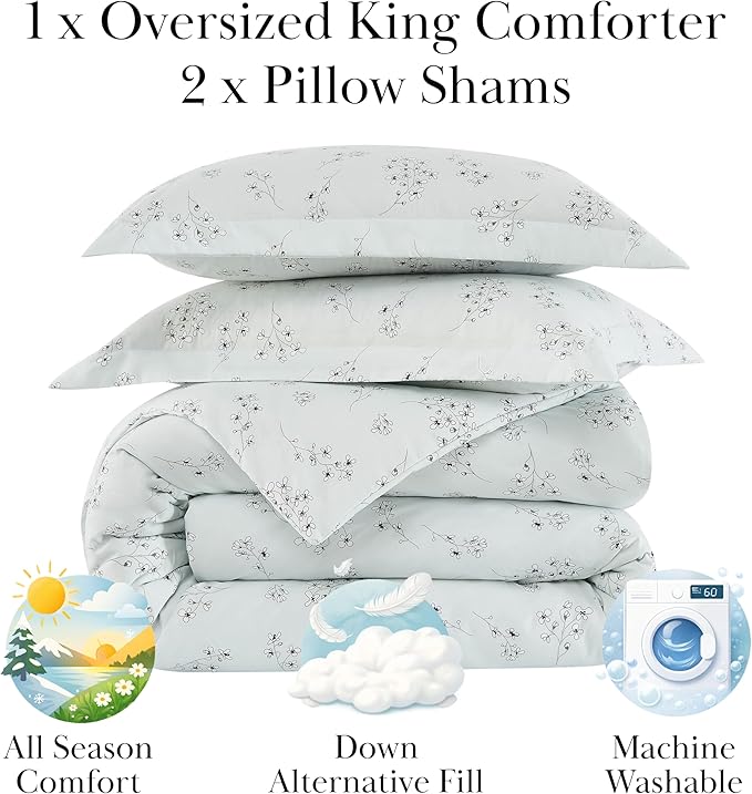 Southshore Fine Living, Inc. 3-Piece Oversized Comforter King Size, Down Alternative Floral Comforter with Matching Shams, Soft Flowered Bedspread for California/King Mattress, Sweet Florals Blue